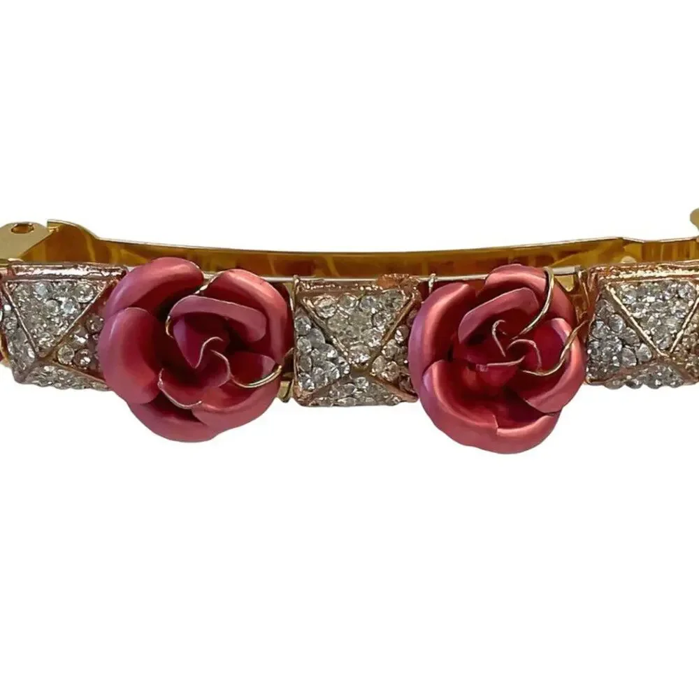 Signed Hattie Gold Plate Pink Roses Clear Crystals Pyramids French Clip Barrette
